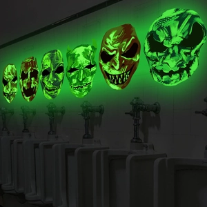 Luminous Halloween skull wall stickers set of 6 glowing green in dark bathroom setting