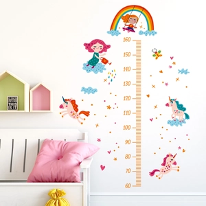 Unicorn and rainbow children's height chart wall decal with cartoon measurement scale