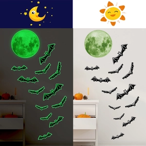 Luminous Halloween wall stickers with realistic moon and bats in day and night views