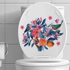 Vibrant floral toilet lid decal with colorful birds and flowers on white ceramic cover