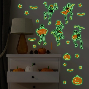 Luminous Halloween wall decals featuring skeletons, pumpkins and bats glowing in the dark