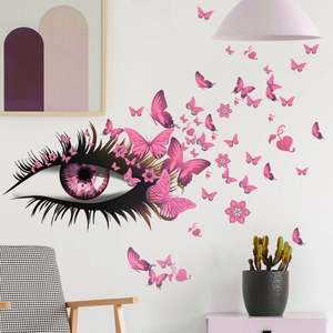 Stickers muraux artistiques avec yeux violets et papillons roses sur mur blanc