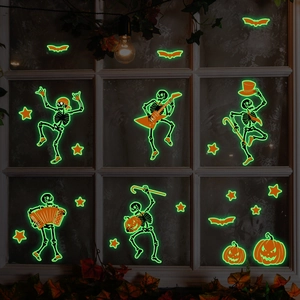 Luminous Halloween wall stickers featuring glowing skeletons, bats and stars for home decor