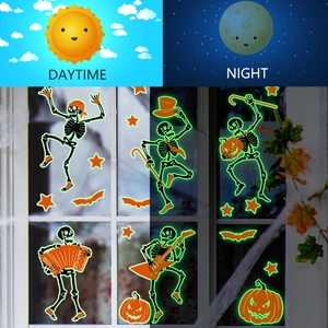 Luminous Halloween window stickers showing day and night glowing skeletons and bats
