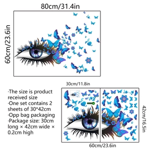 Stickers muraux œil et papillons créatifs en bleu et violet, kit déco de 80x60cm