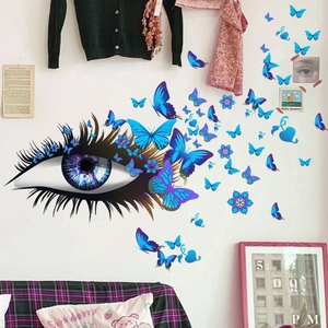 Stickers muraux œil avec longs cils et papillons violets pour décoration intérieure