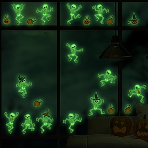 Luminous Halloween wall stickers featuring glowing dancing skeletons and pumpkins on window