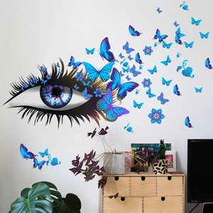 Sticker mural créatif avec cils, papillons colorés et fleurs pour le salon moderne