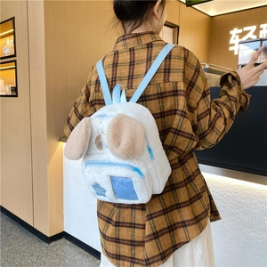 Cute plush dog backpack with long white fur and blue zipper pocket for women