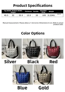 Especificaciones de tamaño y opciones de color para el bolso tote de nailon acolchado