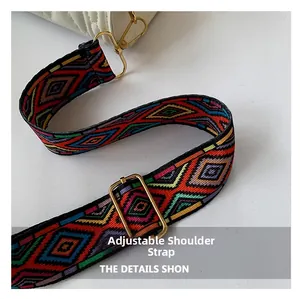 Detail of adjustable woven strap with colorful geometric pattern and gold hardware