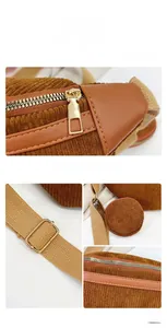Détail du sac bandoulière en velours côtelé marron avec zips dorés et porte-monnaie