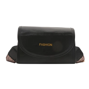 Retro black leather crossbody square bag with fashion print and wide jacquard strap