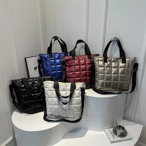 Bolso Tote Acolchado Nylon Brillante Metalizado Rejilla Acolchada Gran Capacidad Hombro Bandolera Para Mujer