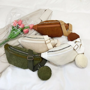 Sac Banane en Velours Côtelé pour Femmes Sac de Poitrine Rétro Avec Porte-monnaie Rond Bandoulière Réglable Sac Décontracté