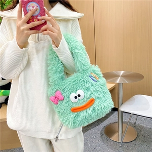 Women Cute Plush Handbag Cartoon Monster Large Capacity Tote Bag Soft Faux Fur Shoulder Bag With Bow Decoration Daily Gift