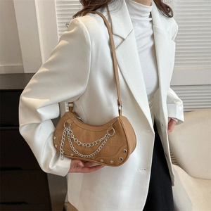 Retro brown crocodile pattern underarm bag with silver chain and slim shoulder strap