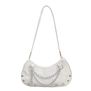 White faux crocodile leather crescent underarm bag with silver chain and rivet details