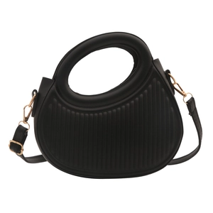 Black crescent handbag with vertical stripe embossing and gold-tone metal hardware