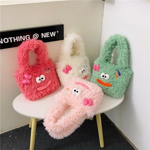 Cute fuzzy monster plush handbags in pink, white, green, and cream colors on a white table