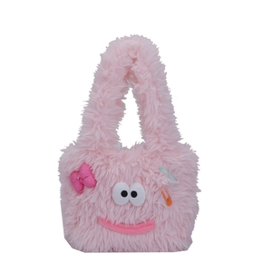 Cute pink plush shoulder bag with cartoon facial features and a sweet bow decoration