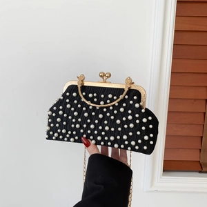 Women Evening Clutch Bag Pleated Fabric Faux Artificial Pearl Gold Tone Metal Handle Chain Strap Retro Banquet Shell Purse