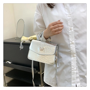 Silver crocodile texture small square bag with white butterfly hardware detail shown on model