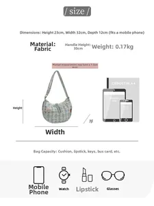 Detailed dimension chart for blue plaid fabric shoulder bag showing 32cm width and 23cm height