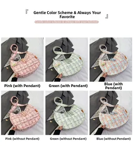 Detailed comparison of houndstooth crossbody bags in pink, green, and blue woven fabric