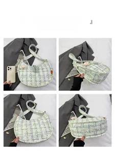 Detailed four-angle views of a green and white plaid tweed crescent bag with heart charm
