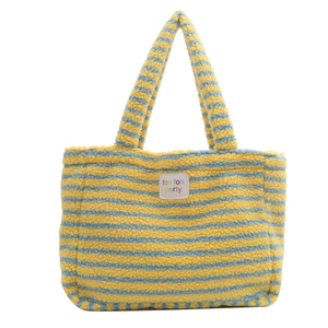 Sac fourre-tout en peluche à rayures jaunes et bleues avec deux poignées