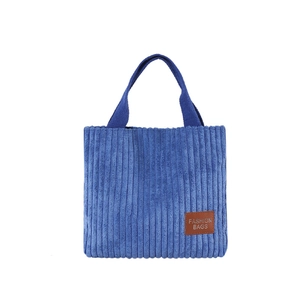 Bolso tote de pana azul para mujer con gran capacidad y parche de cuero marrón con logotipo