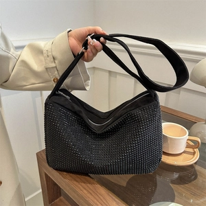 Women Rhinestone Hobo Shoulder Bag Glitter PU Leather Handbag With Adjustable Strap For Daily Party Fashion Tote Bag