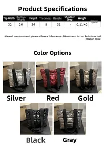 Size chart showing large capacity metallic tote bag dimensions and color options