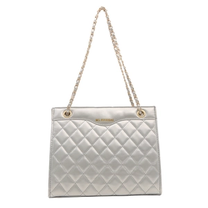 Silver quilted rhombus shoulder bag with gold double chains and elegant rectangle structure