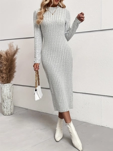 Slim fit light grey ribbed knit long sleeve midi dress styled with white boots