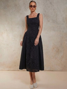 Elegant black midi dress with floral embroidery and square neck for French style