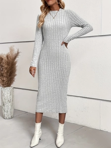 Close-up of slim-fit ribbed knit long-sleeve dress in heather grey with elegant texture