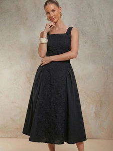 French style black midi dress featuring embossed floral embroidery and square neckline