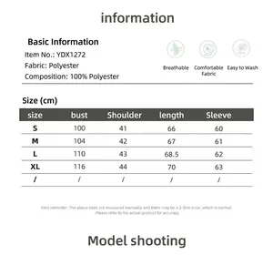 Size chart for women's long sleeve shirt showing S-XL dimensions in centimeters
