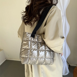 Women Quilted Puffer Tote Bag Large Capacity Metallic Shimmer Shoulder Bag Winter Casual Commuting Handbag Red Black Gold Silver Gray