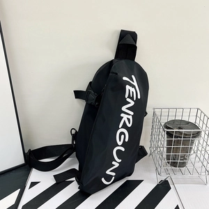 Mens black nylon chest bag with white artistic lettering and adjustable shoulder strap