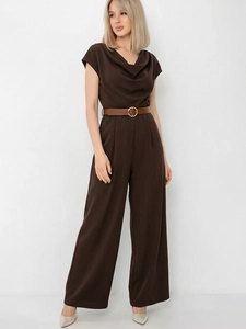 Elegant deep coffee satin wide-leg jumpsuit with cowl neck and leather waist belt