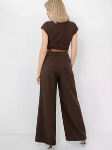 Elegant dark brown satin wide-leg jumpsuit with short sleeves and a leather belt