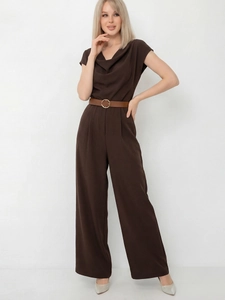 Close-up of elegant brown satin jumpsuit with draped cowl neck and waist belt detail