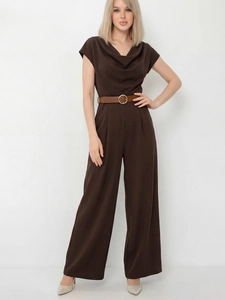 Elegant deep brown sleeveless wide leg jumpsuit featuring a cowl neck and thin gold belt
