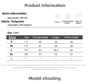 Size chart for women's long sleeve crepe shirt showing bust, shoulder and length in cm