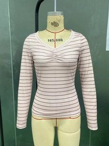 Dettaglio della maglia a righe con scollo a V, bordo in pizzo bianco e design arricciato