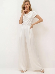 Elegant white satin jumpsuit with cowl neck and wide-leg trousers for a sleek look