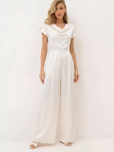 Elegant white satin cowl neck jumpsuit with short sleeves and wide-leg trousers for women